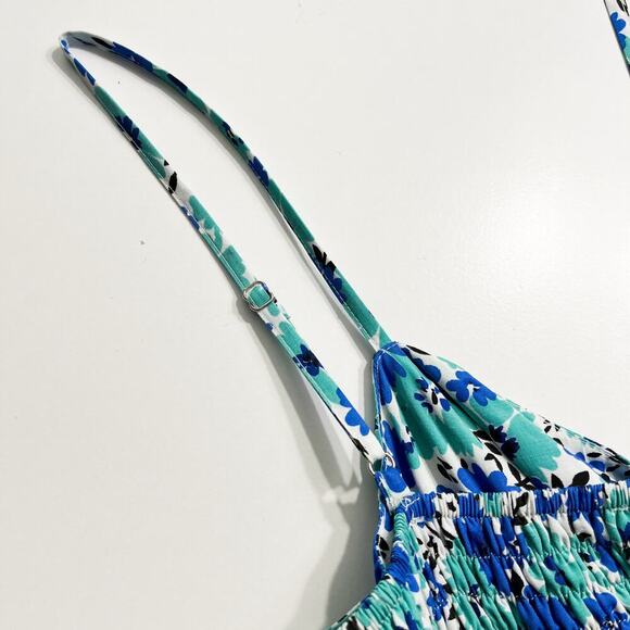 Yumi Kim Tiered Floral Blue Smocked‎ Sleeveless Dress Sz S Cottage Boho Peasant - Picture 7 of 11